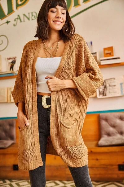 Women's Camel Sleeve Folded Pocket Loose Knit Cardigan HRK-19000123 - 3