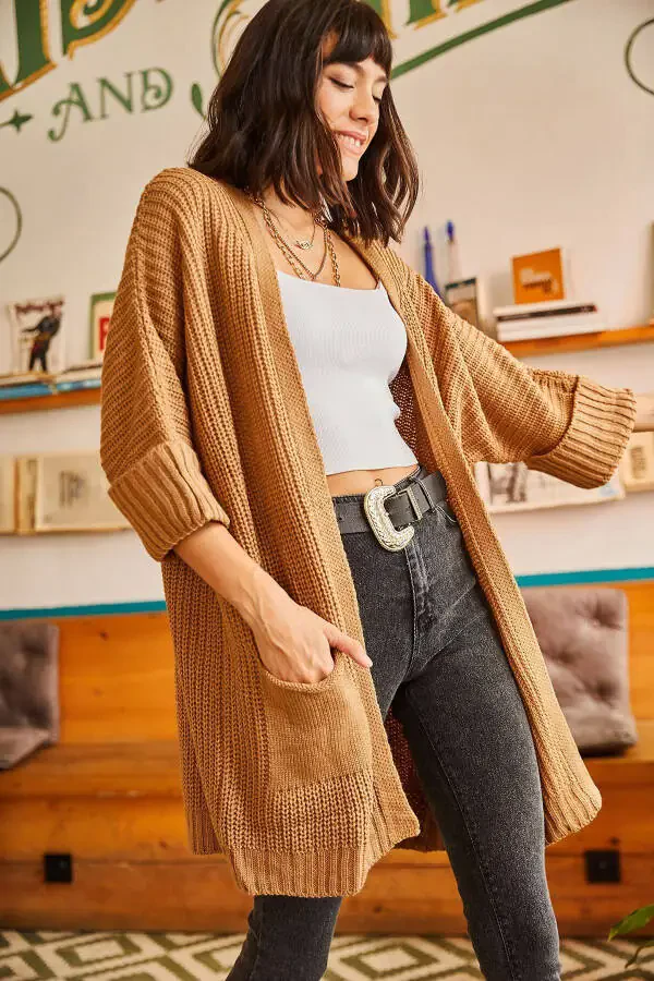Women's Camel Sleeve Folded Pocket Loose Knit Cardigan HRK-19000123 - 4
