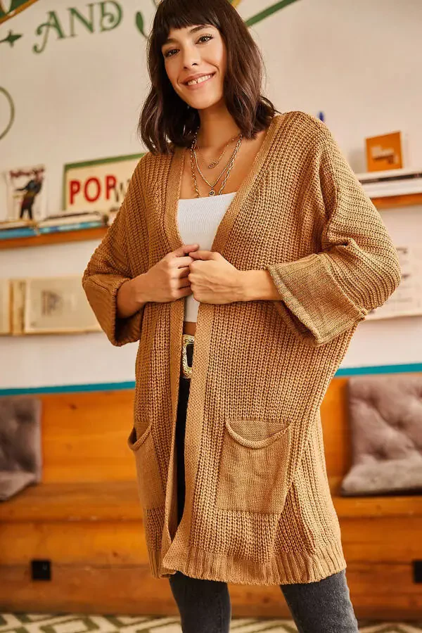 Women's Camel Sleeve Folded Pocket Loose Knit Cardigan HRK-19000123 - 5