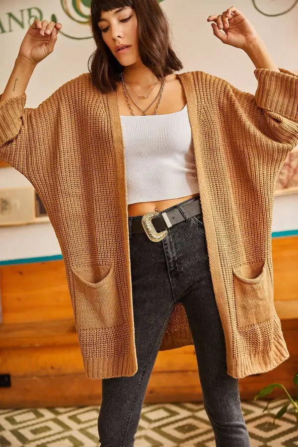Women's Camel Sleeve Folded Pocket Loose Knit Cardigan HRK-19000123 - 6
