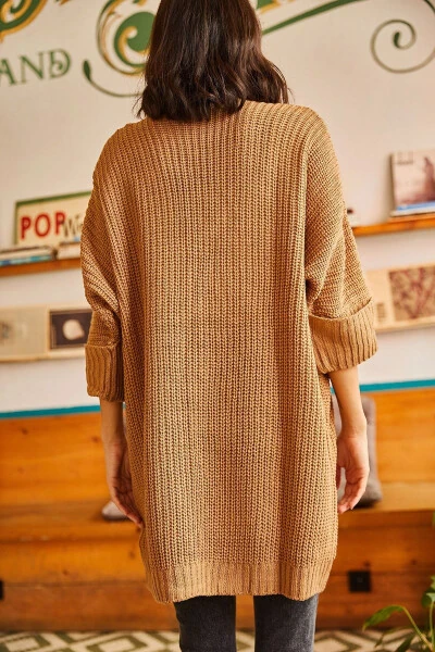 Women's Camel Sleeve Folded Pocket Loose Knit Cardigan HRK-19000123 - 7