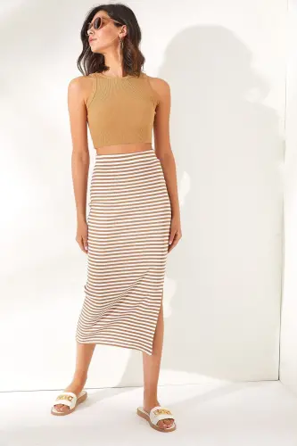 Women's Camel Slit Striped Lycra Midi Skirt SK - 1