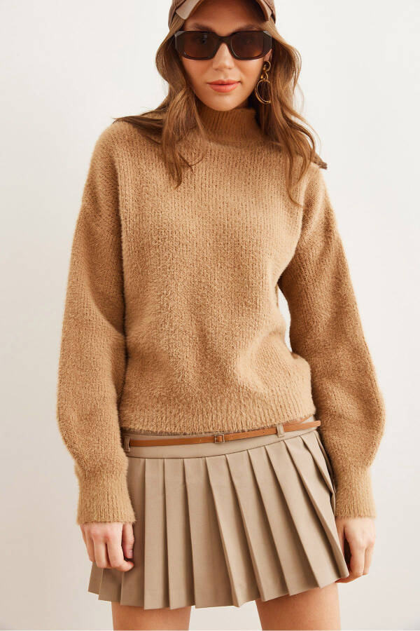 Women's Camel Stand Collar Soft-Textured Ribbed Knit Pullover KZK-19000859 - 1