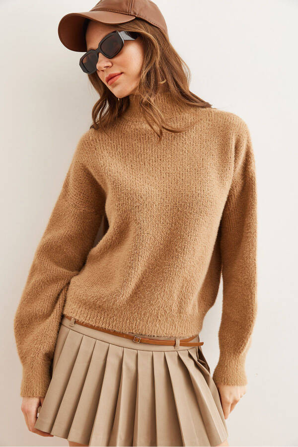 Women's Camel Stand Collar Soft-Textured Ribbed Knit Pullover KZK-19000859 - 2