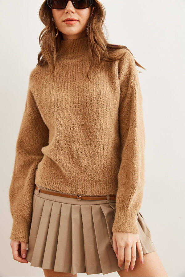Women's Camel Stand Collar Soft-Textured Ribbed Knit Pullover KZK-19000859 - 16