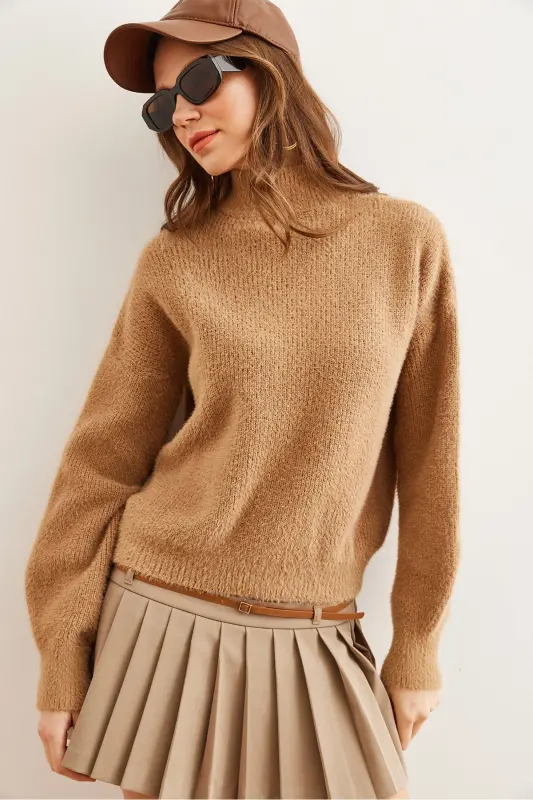 Women's Camel Stand Collar Soft-Textured Ribbed Knit Pullover KZK-19000859 - 3