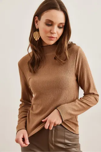 Women's Camel Stand-up Collar Baby Overlock Detailed Knitted Blouse BLZ-19002783-Camel - 3