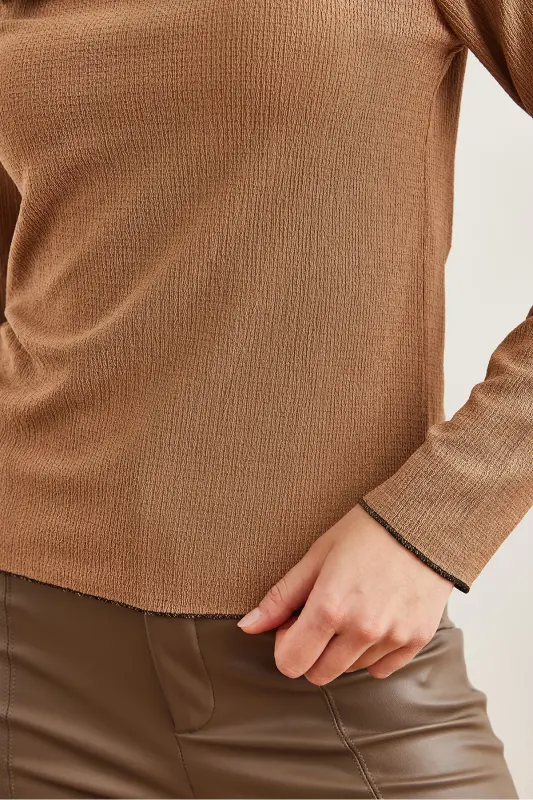 Women's Camel Stand-up Collar Baby Overlock Detailed Knitted Blouse BLZ-19002783-Camel - 6