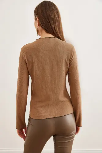 Women's Camel Stand-up Collar Baby Overlock Detailed Knitted Blouse BLZ-19002783-Camel - 7