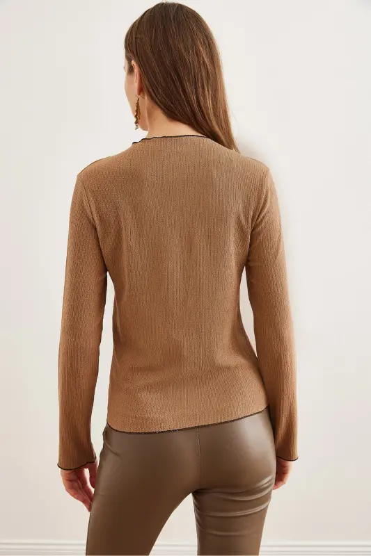 Women's Camel Stand-up Collar Baby Overlock Detailed Knitted Blouse BLZ-19002783-Camel - 7