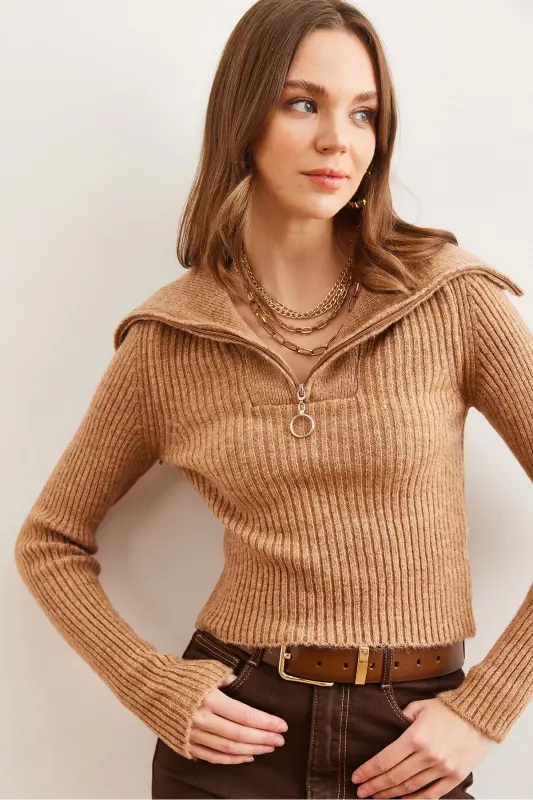 Women's Camel Stand-Up Collar Zippered Crop Knit Sweater KZK-19000880-Camel - 9