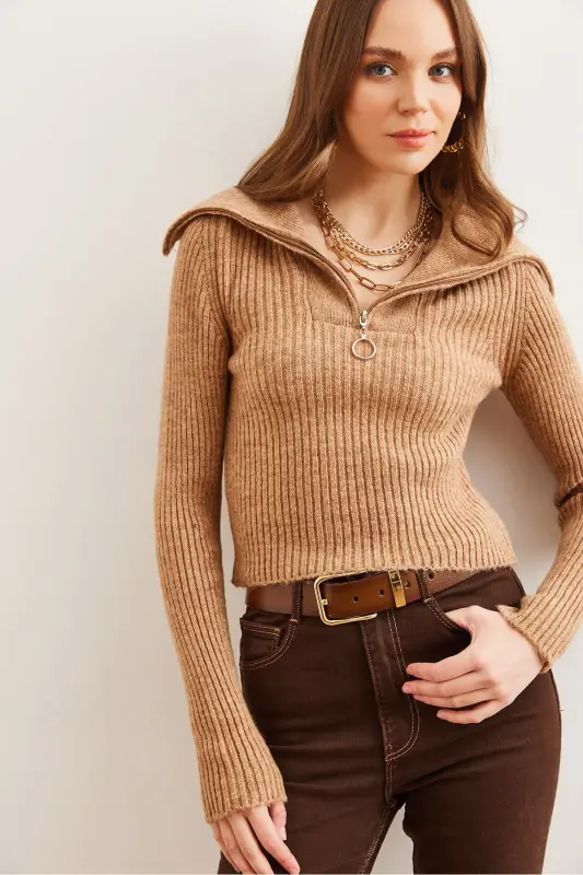 Women's Camel Stand-Up Collar Zippered Crop Knit Sweater KZK-19000880-Camel - 3