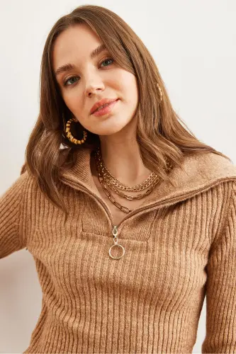 Women's Camel Stand-Up Collar Zippered Crop Knit Sweater KZK-19000880-Camel - 5