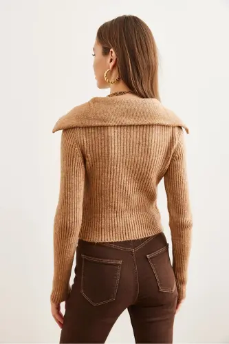 Women's Camel Stand-Up Collar Zippered Crop Knit Sweater KZK-19000880-Camel - 6