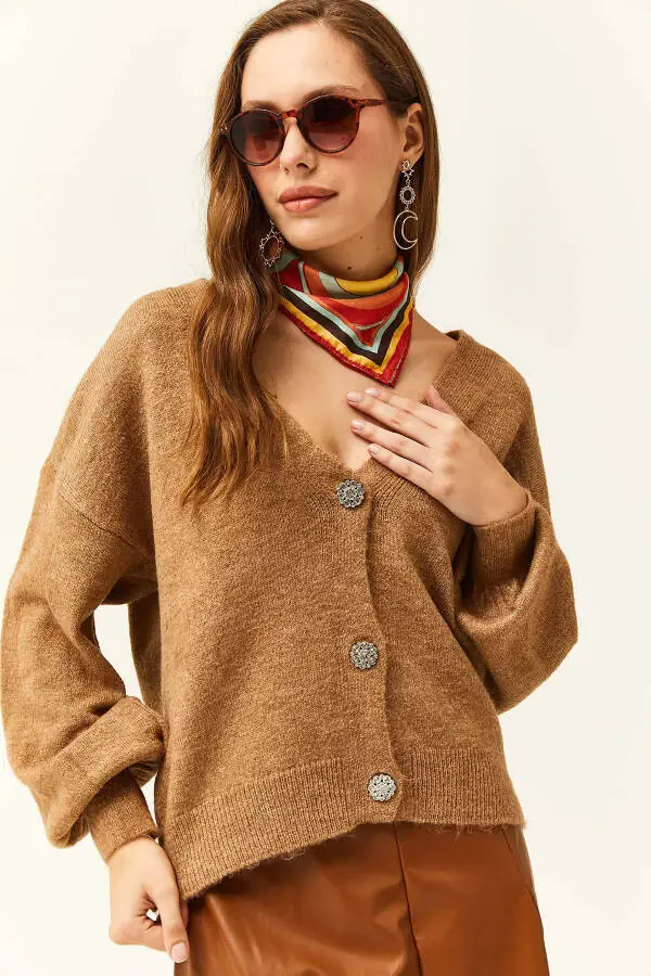 Women's Camel Stone Buttoned Soft Textured Knit Cardigan HRK-19000253 - 1