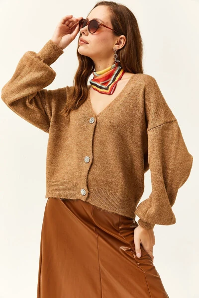 Women's Camel Stone Buttoned Soft Textured Knit Cardigan HRK-19000253 - OLALOOK (1)