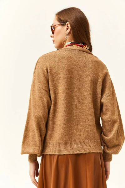Women's Camel Stone Buttoned Soft Textured Knit Cardigan HRK-19000253 - 4