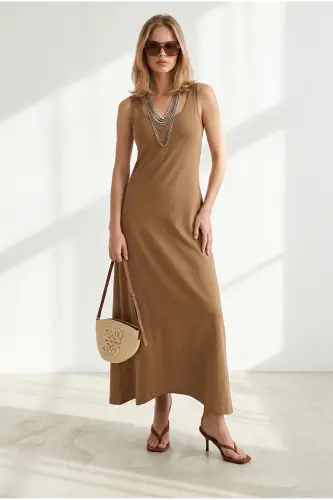 Women's Camel Strappy Midi Cotton Flared Dress ELB-19002444 - Camel 