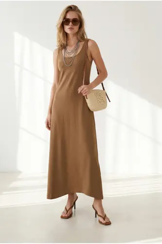 Women's Camel Strappy Midi Cotton Flared Dress ELB-19002444 - Camel - 2
