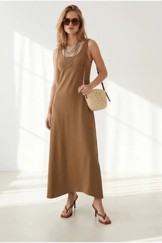 Women's Camel Strappy Midi Cotton Flared Dress ELB-19002444 - Camel - 2