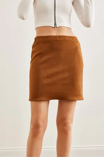 Women's Camel Suede Mini Skirt with Elastic Waist ETK-1 - 5