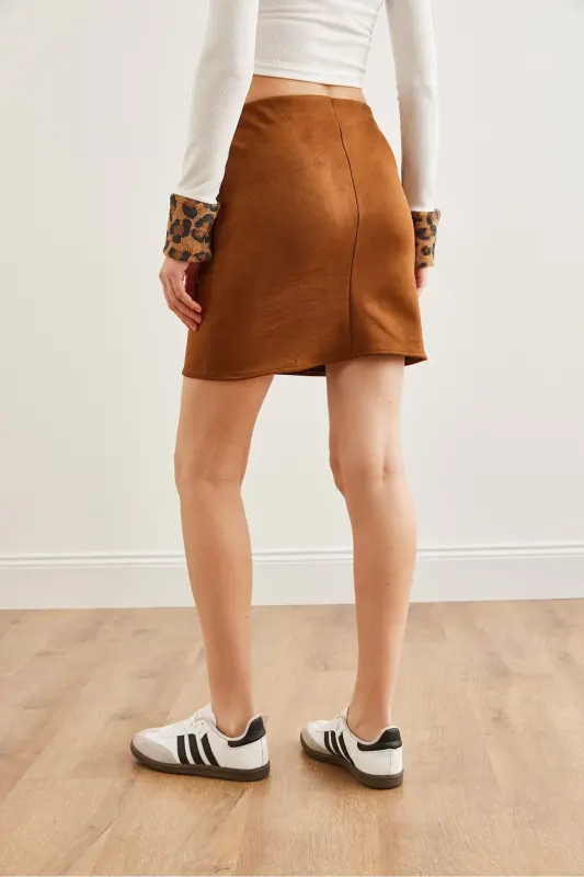 Women's Camel Suede Mini Skirt with Elastic Waist ETK-1 - 6