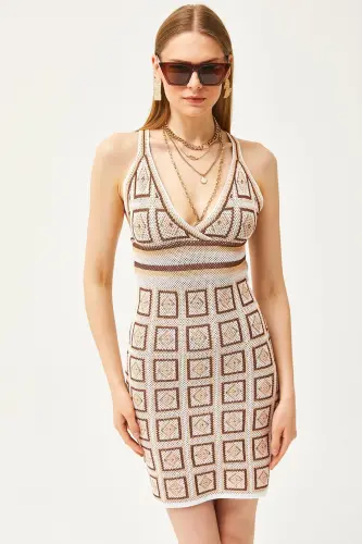 Women's Camel Tank Top Patch Pattern Crisscross Back Mini Knitted Dress ELB-19002068-Camel - 4