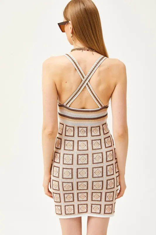 Women's Camel Tank Top Patch Pattern Crisscross Back Mini Knitted Dress ELB-19002068-Camel - 7