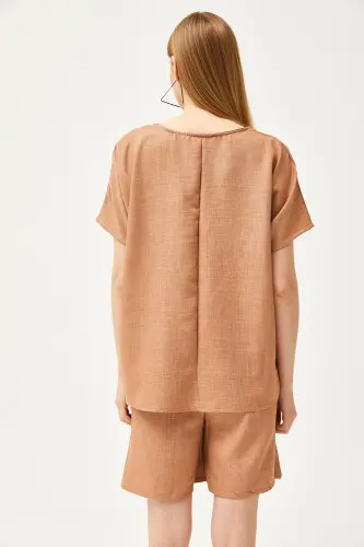 Women's Camel Top Oversize Blouse Bottom Pocketed Shorts Linen Set - 5