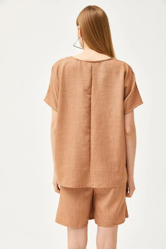 Women's Camel Top Oversize Blouse Bottom Pocketed Shorts Linen Set - 5
