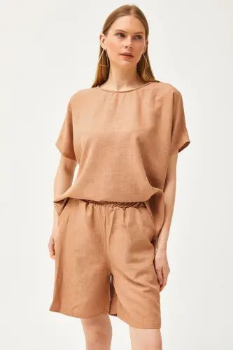 Women's Camel Top Oversize Blouse Bottom Pocketed Shorts Linen Set - 4