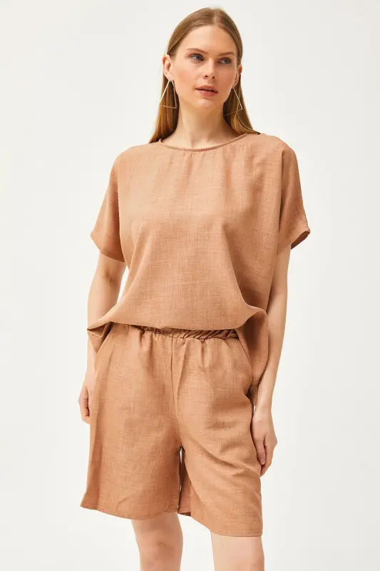 Women's Camel Top Oversize Blouse Bottom Pocketed Shorts Linen Set - 4