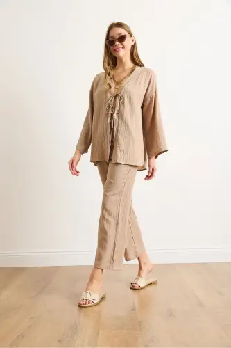 Women's Camel Top Tie Cardigan Bottom Pocket Pants - 4