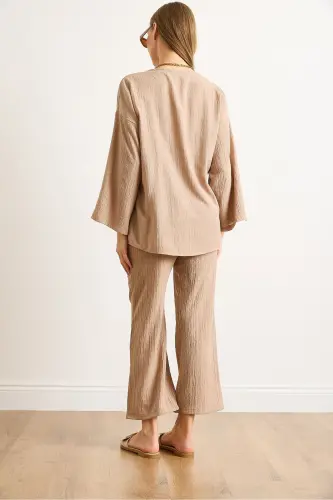 Women's Camel Top Tie Cardigan Bottom Pocket Pants - 6