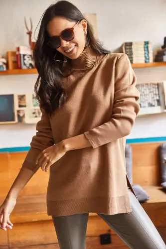 Women's Camel Turtleneck Side Slit Soft Texture Knit Sweater KZK-19000566-Camel - 1