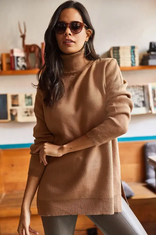 Women's Camel Turtleneck Side Slit Soft Texture Knit Sweater KZK-19000566-Camel - 2