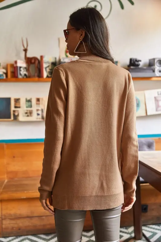 Women's Camel Turtleneck Side Slit Soft Texture Knit Sweater KZK-19000566-Camel - 5