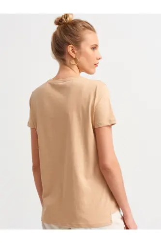 Women's Camel V-Neck Basic T-Shirt 3470 101A03470-Camel - 3