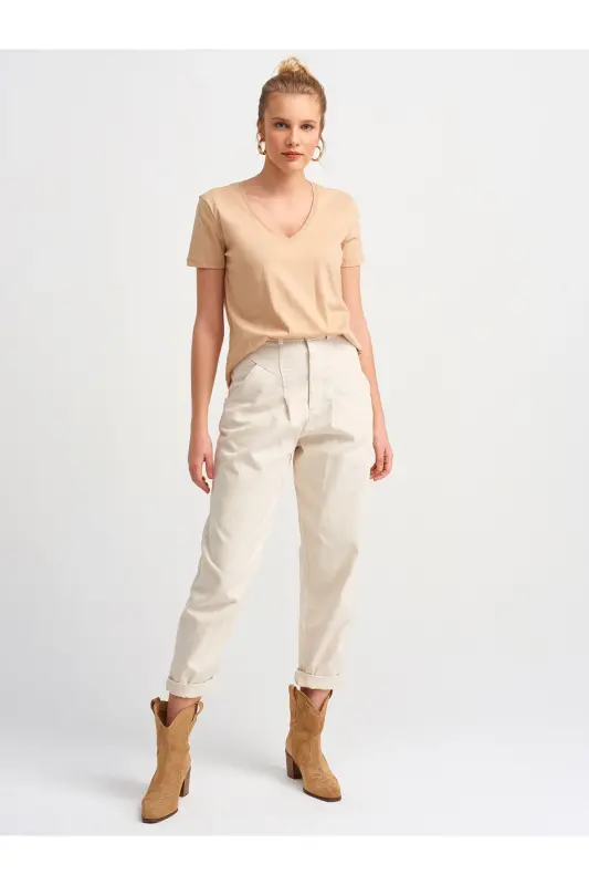 Women's Camel V-Neck Basic T-Shirt 3470 101A03470-Camel - 5