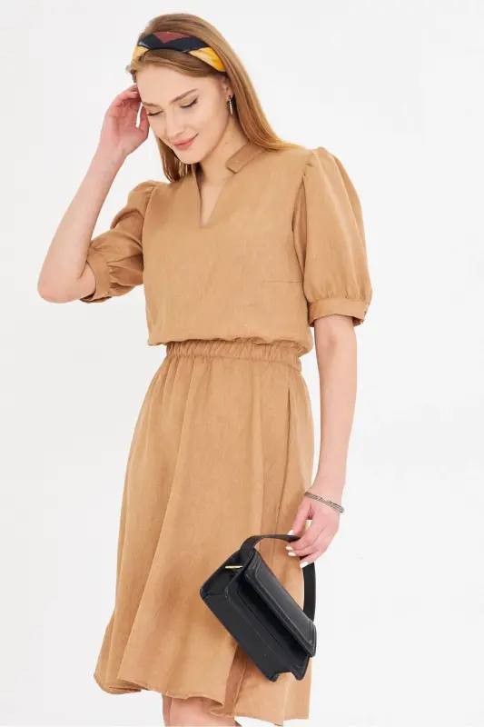 Women's Camel V-Neck Elastic Waist Short Sleeve Flared Dress - ARMONIKA