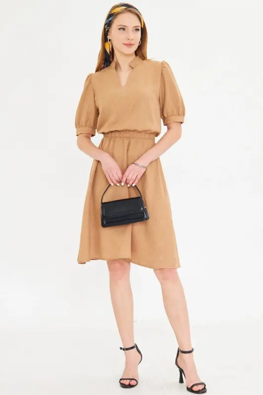 Women's Camel V-Neck Elastic Waist Short Sleeve Flared Dress - 4