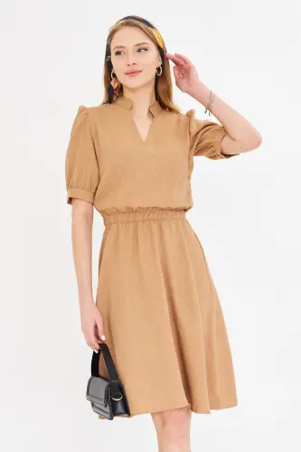 Women's Camel V-Neck Elastic Waist Short Sleeve Flared Dress ARM-25Y001001 - CAMEL - 4