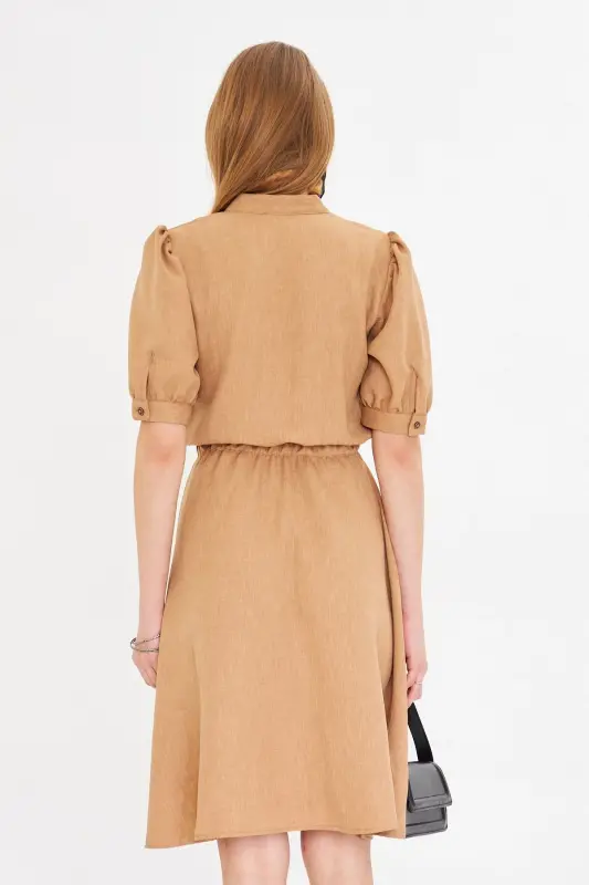 Women's Camel V-Neck Elastic Waist Short Sleeve Flared Dress ARM-25Y001001 - CAMEL - 6