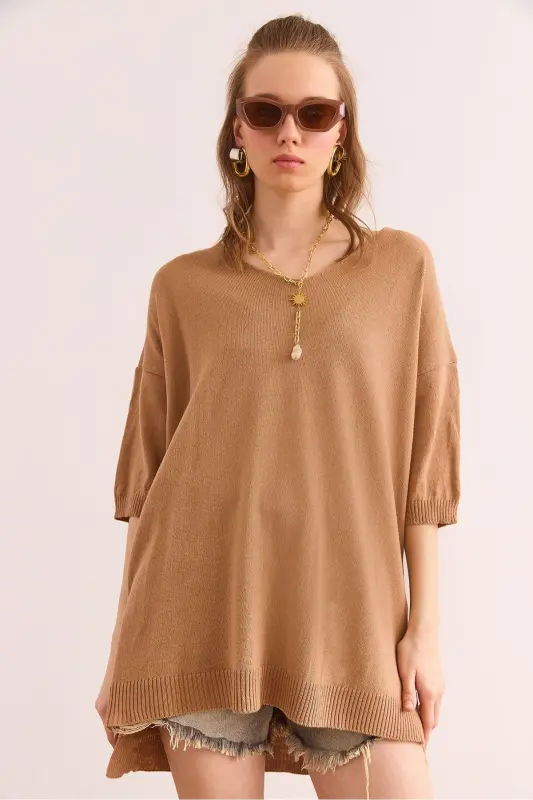 Women's Camel V Neck Short Sleeve Flowy Blouse BLZ-190 - 1