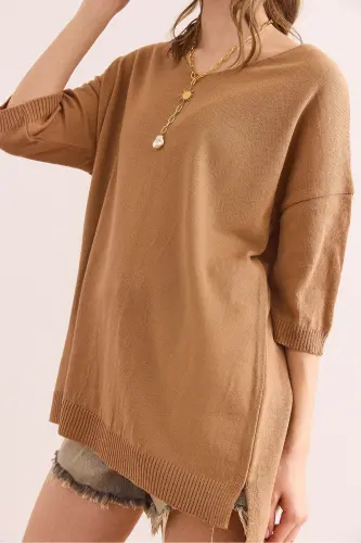Women's Camel V Neck Short Sleeve Flowy Blouse BLZ-190 - 9