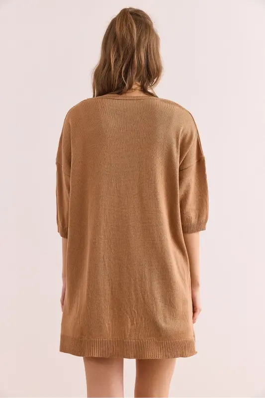 Women's Camel V Neck Short Sleeve Flowy Blouse BLZ-190 - 2