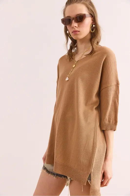 Women's Camel V Neck Short Sleeve Flowy Blouse BLZ-190 - 4