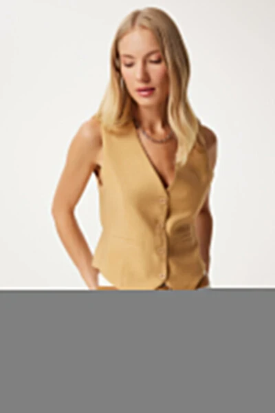 Women's Camel V-Neck Stylish Ayrobin Vest TO00067 - HAPPINESS İSTANBUL (1)