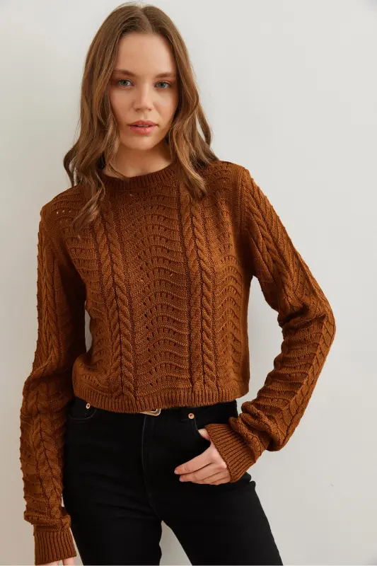 Women's Camel Wave Knit Crop Sweater KZK-19000822-Camel - OLALOOK