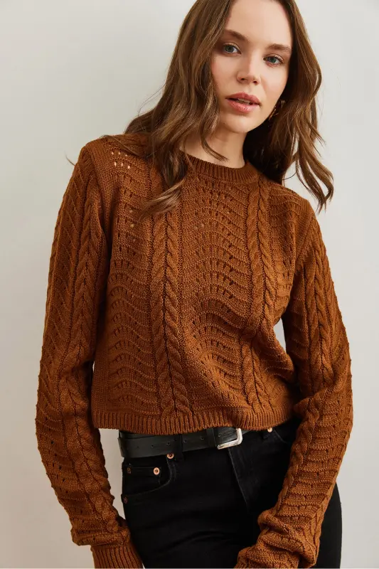 Women's Camel Wave Knit Crop Sweater KZK-19000822-Camel - 3